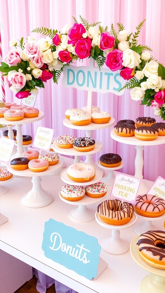 A vibrant donut dessert table with assorted donuts, decorations, and toppings.